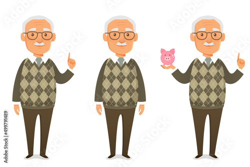 Fototapeta Naklejka Na Ścianę i Meble -  cute cartoon illustration of a friendly old man in green sweater, gesturing or holding a piggy bank. 