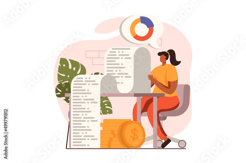 Analyzing budget web concept in flat design. Woman calculate and control money, paying bills or taxes, analyzing financial data. Auditing and finance management. Vector illustration with people scene