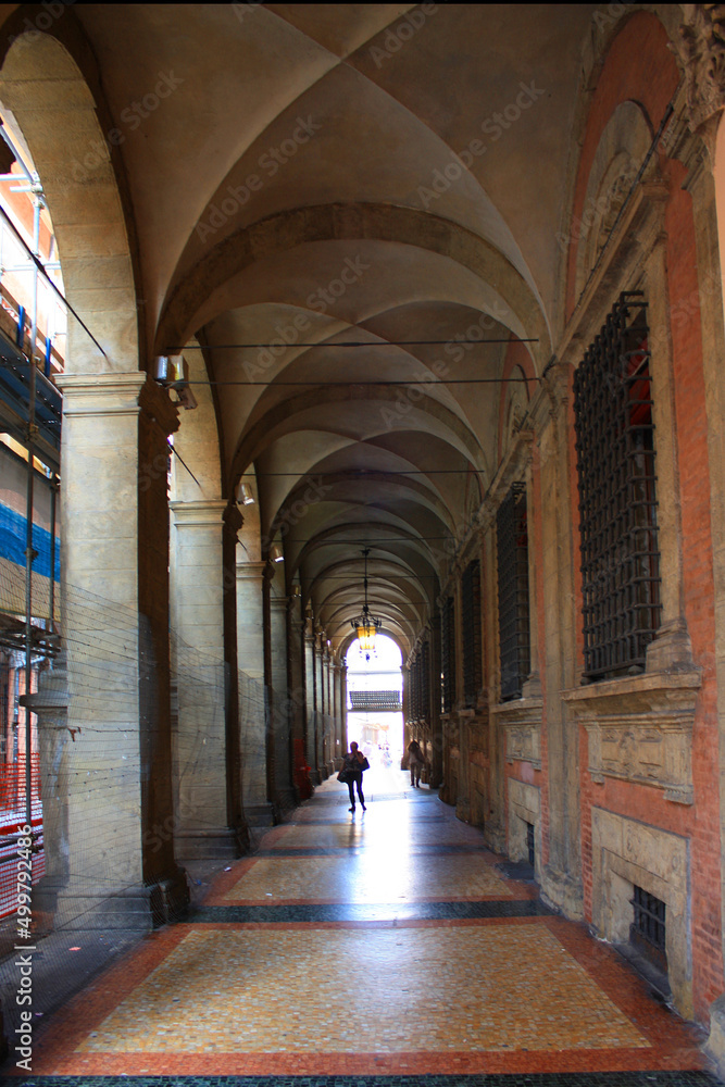 Typical architecture with colonnade in the Old Town of Bologna, Italy