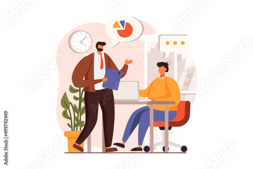 Business meeting web concept in flat design. Manager briefing to employee, discusses tasks and communicates in office. Colleagues brainstorming at conference. Vector illustration with people scene