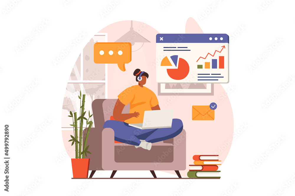 Business process web concept in flat design. Woman works on laptop, makes report, analyzes data and talking online. Company development, success and leadership. Vector illustration with people scene Business process web concept in flat design. Woman works on laptop, makes report, analyzes data and talking online. Company development, success and leadership. Vector illustration with people scene