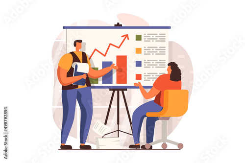 Business process web concept in flat design. Man and woman discussing report, analyzes data and talking at meeting. Company development, success and leadership. Vector illustration with people scene