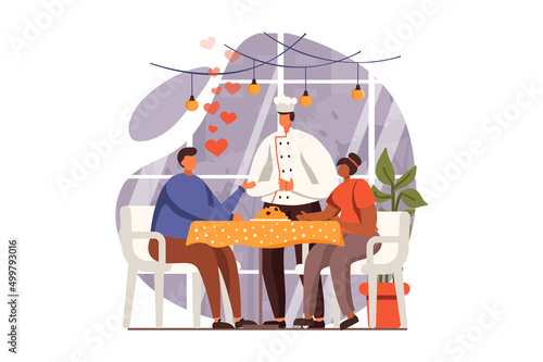 Cooking and restaurant web concept in flat design. Happy couple of customers gratitudes chef and praise delicious dish. Culinary art and professional staff. Vector illustration with people scene