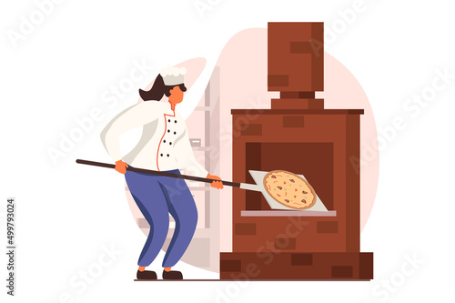 Cooking and restaurant web concept in flat design. Chef prepares Italian pizza standing near traditional stove in kitchen. Culinary art and professional staff. Vector illustration with people scene