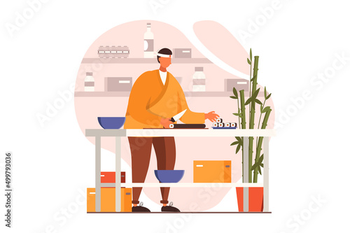 Cooking and restaurant web concept in flat design. Sushi chef prepares dish of Asian cuisine standing at table in kitchen. Culinary art and professional staff. Vector illustration with people scene
