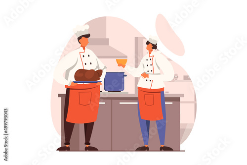 Cooking and restaurant web concept in flat design. Team of chefs prepare meals using fresh ingredients and kitchen utensils. Culinary art and professional staff. Vector illustration with people scene