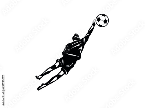 Black goalkeeper silhouette jumping in the left top corner to catch the ball. Suits for a logo, emblem, label. Flat detailed figure