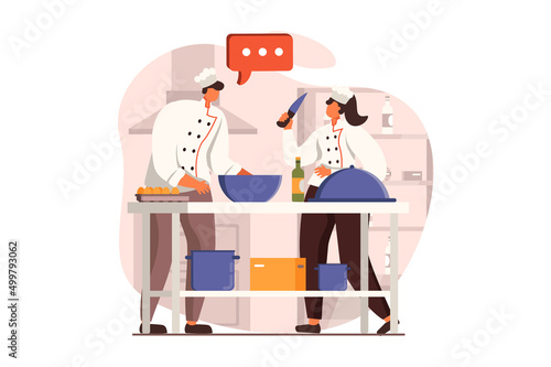 Cooking and restaurant web concept in flat design. Team of chefs prepares delicious dishes, working and talking in kitchen. Culinary art and professional staff. Vector illustration with people scene