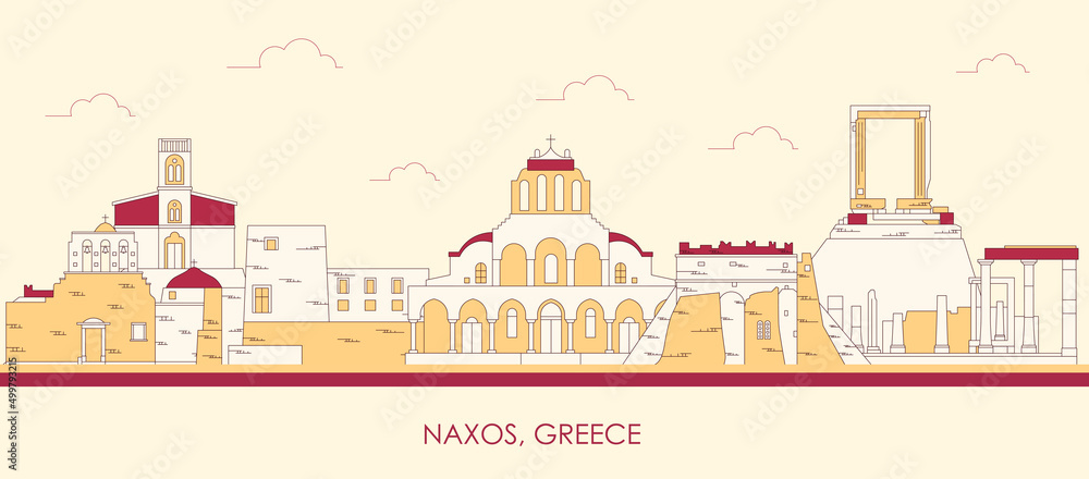 Cartoon Skyline panorama of  Naxos, Cyclades Islands, Greece - vector illustration