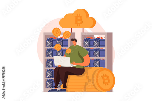 Cryptocurrency mining web concept in flat design. Man works for laptop on his own mining farm, investment, earning bitcoins at exchange and increases income. Vector illustration with people scene