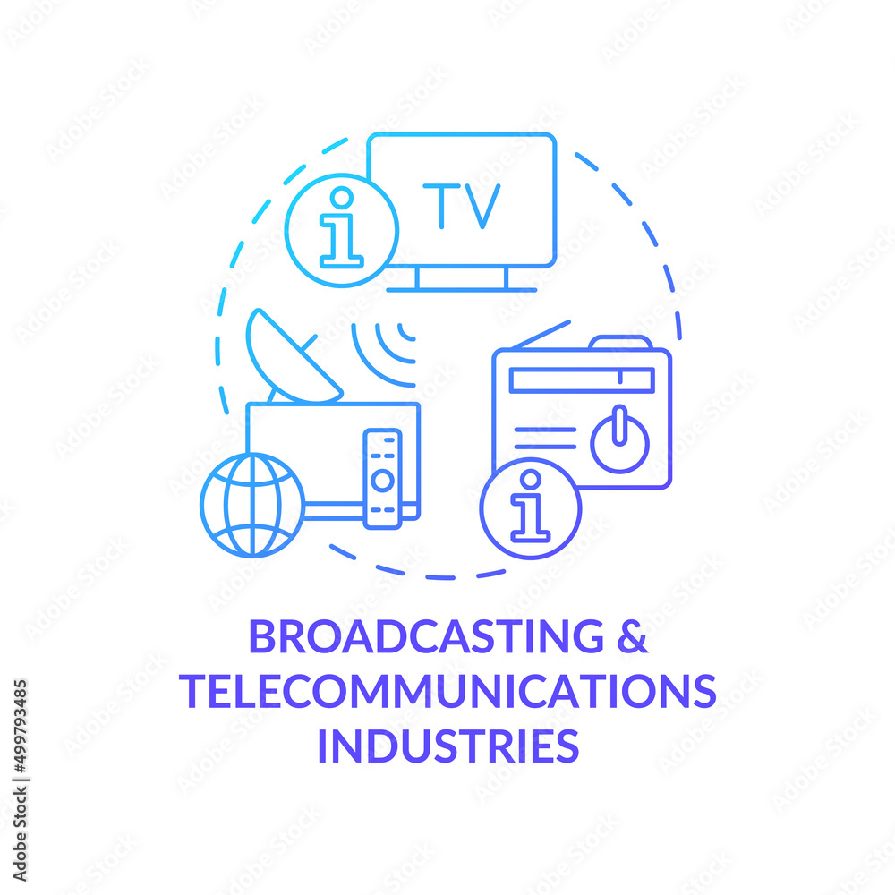 Broadcasting and telecommunications industries blue gradient concept icon. Info industry segment abstract idea thin line illustration. Isolated outline drawing. Myriad Pro-Bold font used Broadcasting and telecommunications industries blue gradient concept icon. Info industry segment abstract idea thin line illustration. Isolated outline drawing. Myriad Pro-Bold font used