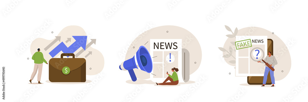 Healthy nutrition illustration set. Characters reading financial, economical and world news in newspaper. People analyzing fake information in social media. Vector illustration. - obrazy, fototapety, plakaty 