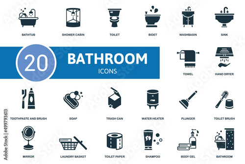 Bathroom set icon. Contains bathroom illustrations such as shower cabin, bidet, sink and more.
