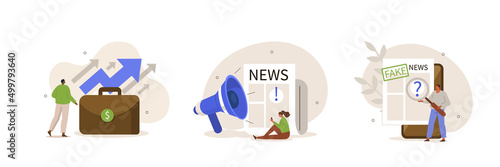 Healthy nutrition illustration set. Characters reading financial, economical and world news in newspaper. People analyzing fake information in social media. Vector illustration.