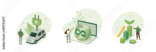 Circular economy illustration set. Sustainable economic growth with renewable energy and natural resources. Green energy and electric transport concept. Vector illustration.