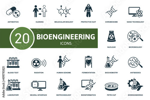 Bioengineering set icon. Contains bioengineering illustrations such as cloning, protective suit, nano technology and more.