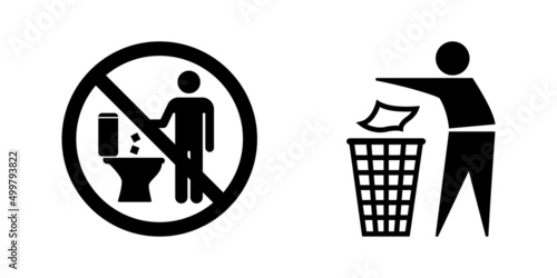 Throw in the trash, Do not throw in the toilet icons. Vector