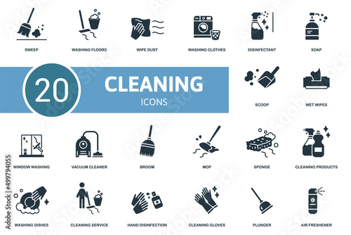 Cleaning set icon. Contains cleaning illustrations such as washing floors, washing clothes, soap and more.