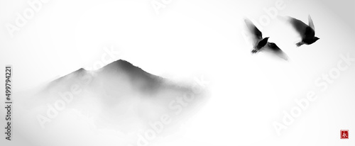 Two big black birds flying over the far misty mountains. Traditional oriental ink painting sumi-e, u-sin, go-hua. Translation of hieroglyph - eternity