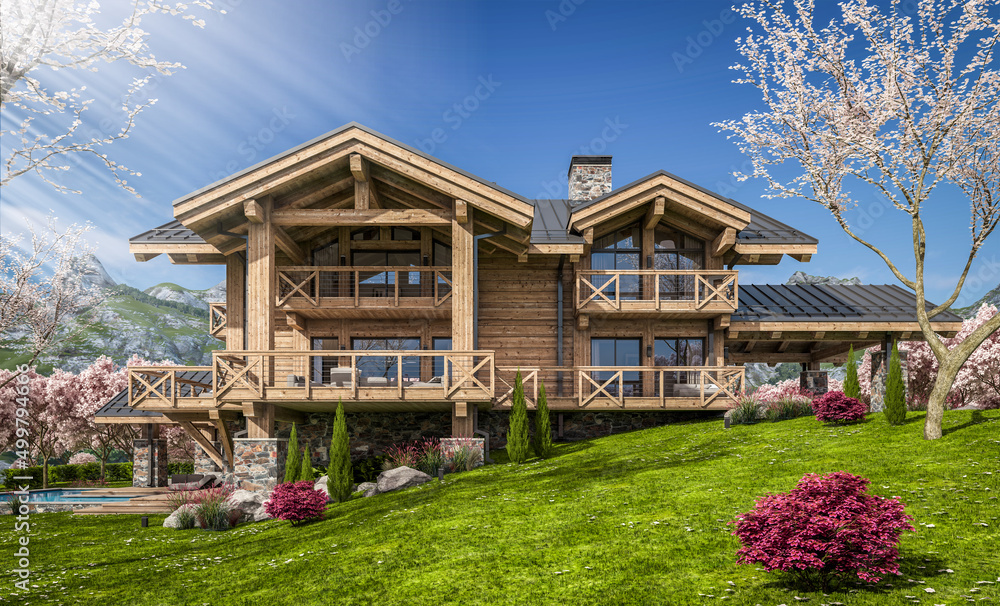 3d rendering of modern cozy chalet with pool and parking for sale or rent. Beautiful forest mountains on background. Fresh spring day with a blooming trees with flowers of sakura on background. 3d rendering of modern cozy chalet with pool and parking for sale or rent. Beautiful forest mountains on background. Fresh spring day with a blooming trees with flowers of sakura on background.