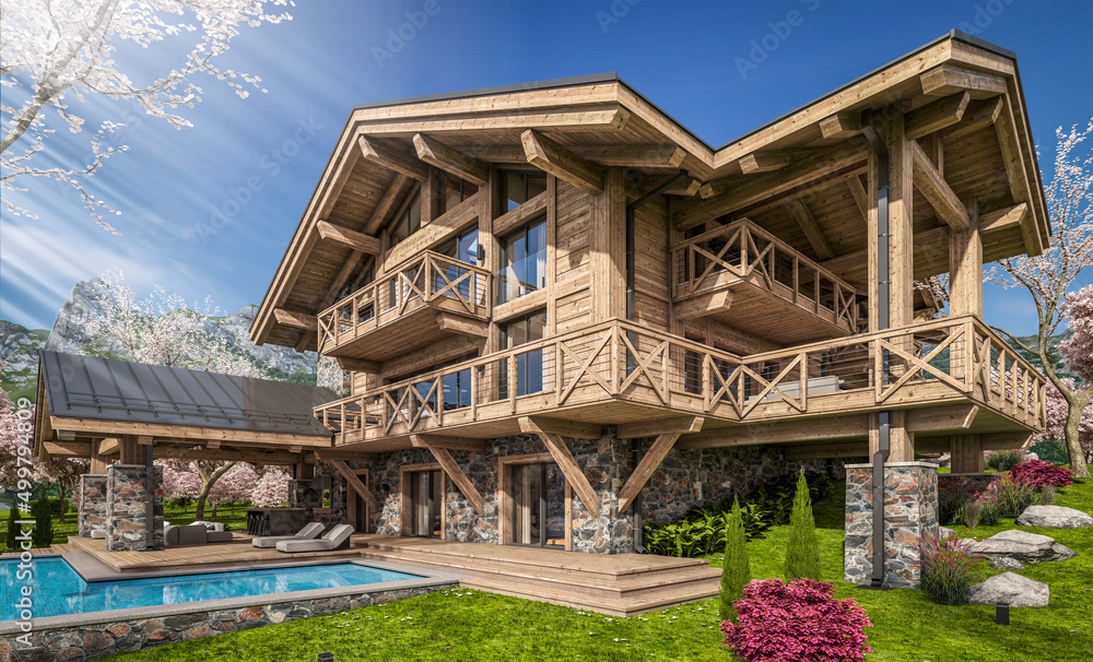 3d rendering of modern cozy chalet with pool and parking for sale or rent. Beautiful forest mountains on background. Fresh spring day with a blooming trees with flowers of sakura on background.