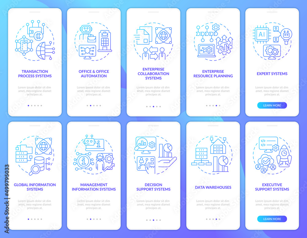 Information processing blue gradient onboarding mobile app screen set. Walkthrough 5 steps graphic instructions pages with linear concepts. UI, UX, GUI template. Myriad Pro-Bold, Regular fonts used Information processing blue gradient onboarding mobile app screen set. Walkthrough 5 steps graphic instructions pages with linear concepts. UI, UX, GUI template. Myriad Pro-Bold, Regular fonts used
