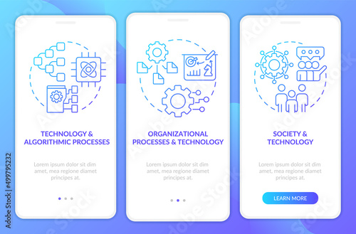 Information systems synergy blue gradient onboarding mobile app screen. Walkthrough 3 steps graphic instructions pages with linear concepts. UI, UX, GUI template. Myriad Pro-Bold, Regular fonts used