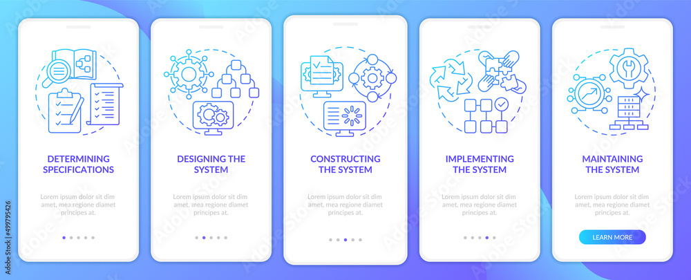 Data system development blue gradient onboarding mobile app screen. Walkthrough 5 steps graphic instructions pages with linear concepts. UI, UX, GUI template. Myriad Pro-Bold, Regular fonts used