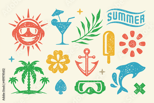 Summer symbols and objects set vector illustration. Triple palm tree on island with flower and old anchor