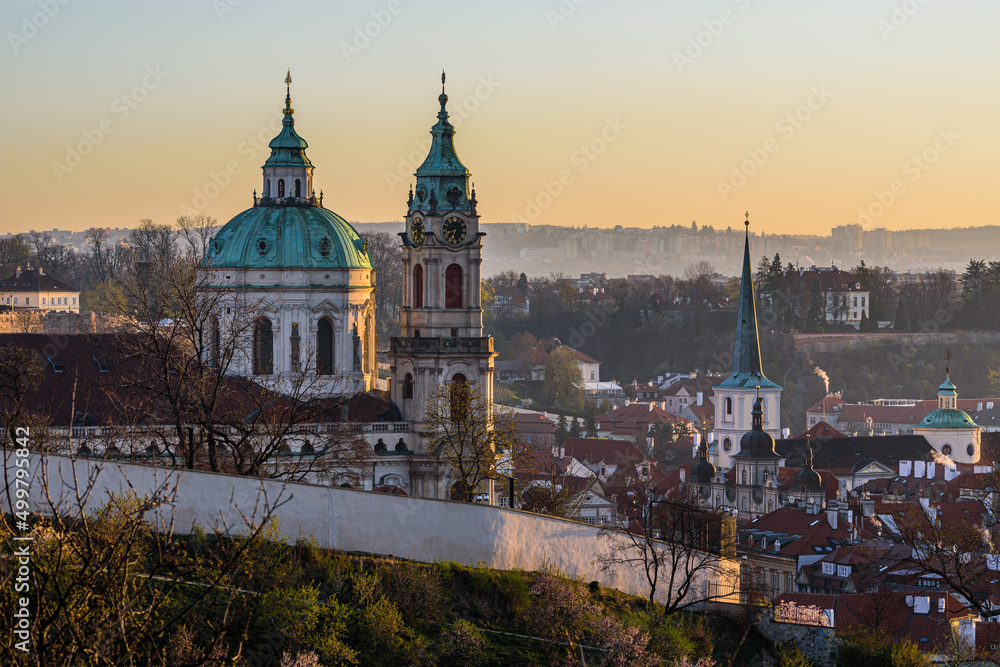 St. Nicholas Church in Prague's Mala Strana in the morning in the early spring.