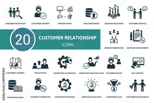 Customer Relationship set icon. Contains customer relationship illustrations such as customer support, data enrichment, customer service and more.
