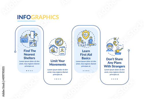 Actions to stay safe during war rectangle infographic template. Survive Data visualization with 4 steps. Process timeline info chart. Workflow layout with line icons. Lato-Bold, Regular fonts used