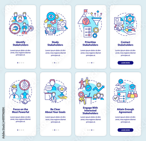 Stakeholder management and analysis onboarding mobile app screen set. Walkthrough 4 steps graphic instructions pages with linear concepts. UI, UX, GUI template. Myriad Pro-Bold, Regular fonts used