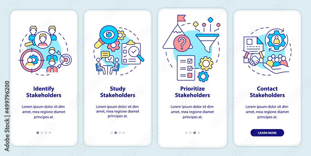 Steps of stakeholder relations onboarding mobile app screen. Walkthrough 4 steps graphic instructions pages with linear concepts. UI, UX, GUI template. Myriad Pro-Bold, Regular fonts used