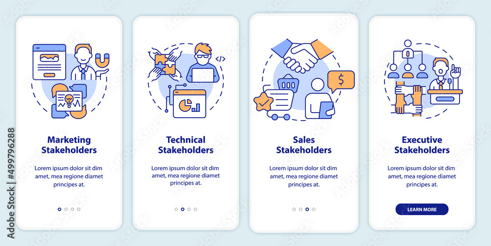 Types of stakeholders onboarding mobile app screen. Partnership walkthrough 4 steps graphic instructions pages with linear concepts. UI, UX, GUI template. Myriad Pro-Bold, Regular fonts used