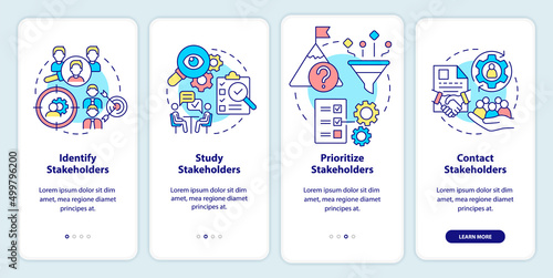 Steps of stakeholder relations onboarding mobile app screen. Walkthrough 4 steps graphic instructions pages with linear concepts. UI, UX, GUI template. Myriad Pro-Bold, Regular fonts used