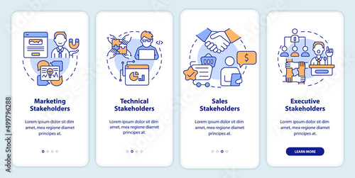 Types of stakeholders onboarding mobile app screen. Partnership walkthrough 4 steps graphic instructions pages with linear concepts. UI, UX, GUI template. Myriad Pro-Bold, Regular fonts used