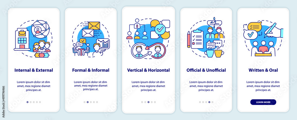 Project communication management onboarding mobile app screen. Walkthrough 5 steps graphic instructions pages with linear concepts. UI, UX, GUI template. Myriad Pro-Bold, Regular fonts used