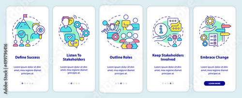 Effective stakeholder management onboarding mobile app screen. Walkthrough 5 steps graphic instructions pages with linear concepts. UI, UX, GUI template. Myriad Pro-Bold, Regular fonts used