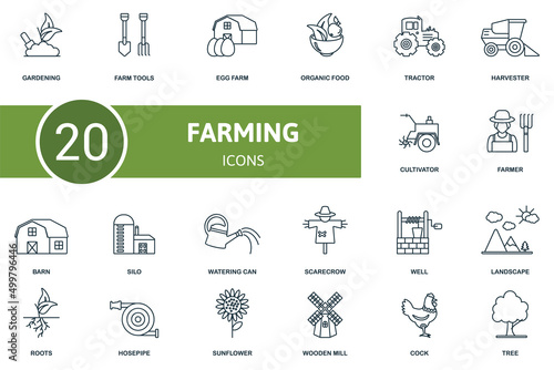 Farming set icon. Contains farming illustrations such as farm tools, organic food, harvester and more.