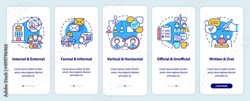 Project communication management onboarding mobile app screen. Walkthrough 5 steps graphic instructions pages with linear concepts. UI, UX, GUI template. Myriad Pro-Bold, Regular fonts used