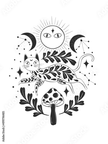 Mystic aesthetic cat witch mage composition print. Hand draw black color.Esoteric sign alchemy.