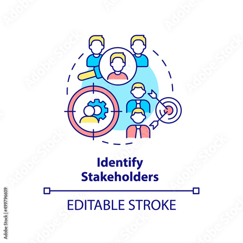 Identify stakeholders concept icon. Step of stakeholder relations abstract idea thin line illustration. Isolated outline drawing. Editable stroke. Arial, Myriad Pro-Bold fonts used