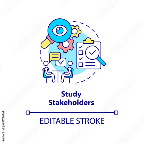 Study stakeholders concept icon. Examine investors. Step of stakeholder relations abstract idea thin line illustration. Isolated outline drawing. Editable stroke. Arial, Myriad Pro-Bold fonts used
