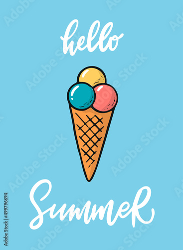 summer lettering quote 'Hello summer' decorated with ice cream doodle. Good for posters, prints, cards, invitations, banners, etc. EPS 10