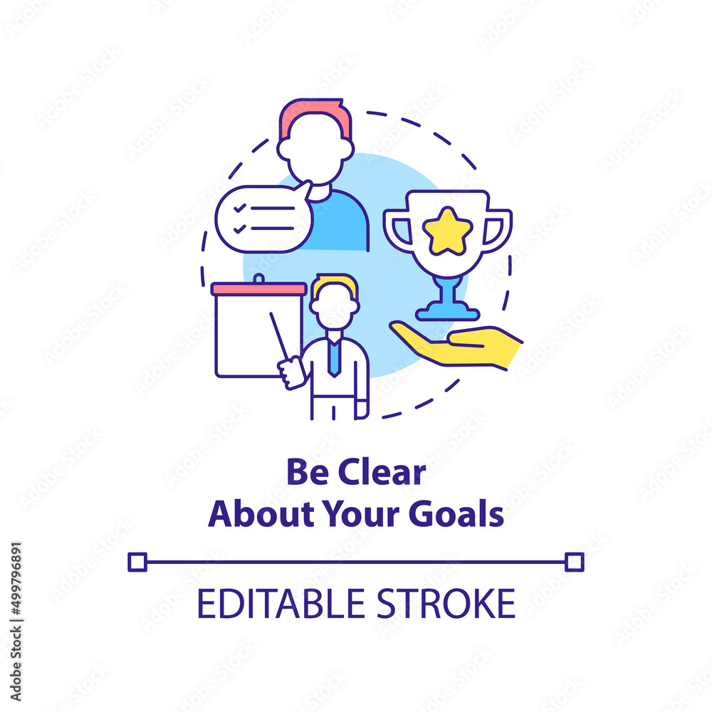Be clear about your goals concept icon. Set objectives. Stakeholder engagement abstract idea thin line illustration. Isolated outline drawing. Editable stroke. Arial, Myriad Pro-Bold fonts used Be clear about your goals concept icon. Set objectives. Stakeholder engagement abstract idea thin line illustration. Isolated outline drawing. Editable stroke. Arial, Myriad Pro-Bold fonts used