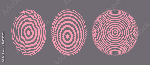 Optical illusion in the shape of distorted sphere. Striped deformed circle. Abstract digital signal form. Sound wave. 3D vector illustration for cover, poster, flyer or banner.