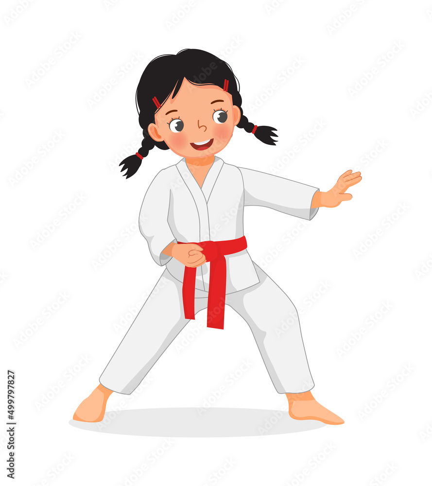 cute little karate kid girl with red belt showing hand defense techniques poses in martial art training practice cute little karate kid girl with red belt showing hand defense techniques poses in martial art training practice