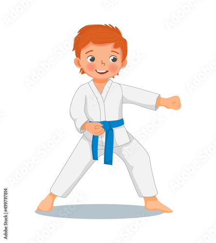 cute little karate kid boy with blue belt showing hand attack punching techniques poses in martial art training practice