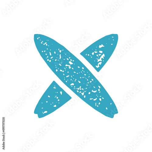 Two crossed surfboard vintage hand drawn minimalist logotype grunge texture vector illustration
